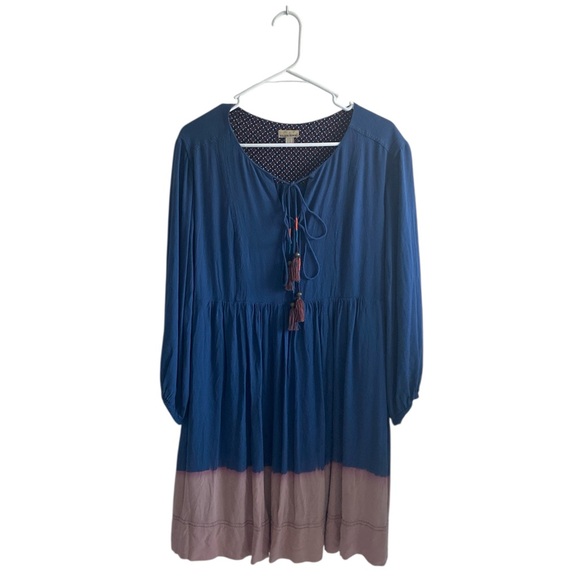 Anthropologie | Holding Horses Blue Boho Ombré Peasant Dress with Tassel Ties - Picture 2 of 4